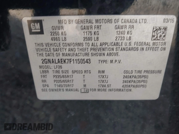 2015 Chevrolet Equinox LS with VIN 2GNALAEK7F1150543, listed as a IAAI auction lot 42062341 with 84,810 mi miles. Bid and sale history available at carsss.com. Image 9.