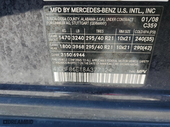 2008 Mercedes-Benz GL-Class 5.5L with VIN 4JGBF86E18A377124, listed as a Copart auction lot 87837485 with 194,570 mi miles and Salvage Title. Bid and sale history available at carsss.com. Image 13.