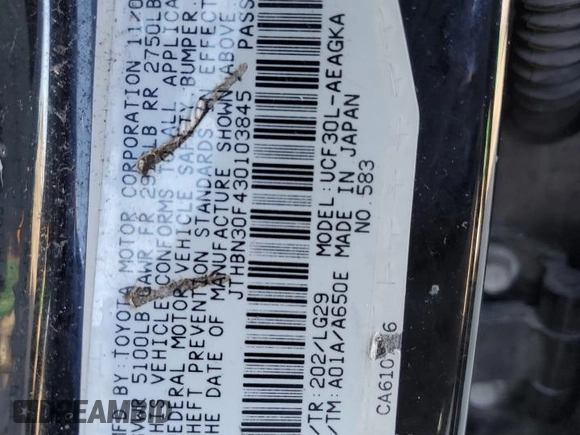 2003 Lexus LS 430 with VIN JTHBN30F430103845, listed as a Copart auction lot 44821795 with 251,529 mi miles and Salvage Title. Bid and sale history available at DreamBid. Image 12.