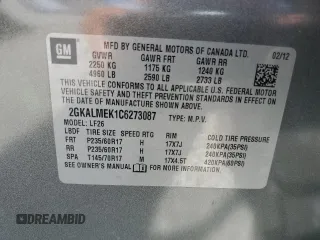 2012 GMC Terrain SLE-1 z VIN 2GKALMEK1C6273087, wystawiony jako Copart lot #63526275 z przebiegiem 242 026 mil mil oraz Czysty tytuł • Clean title. Historia ofert i sprzedaży dostępna na DreamBid. Obrazek 13.