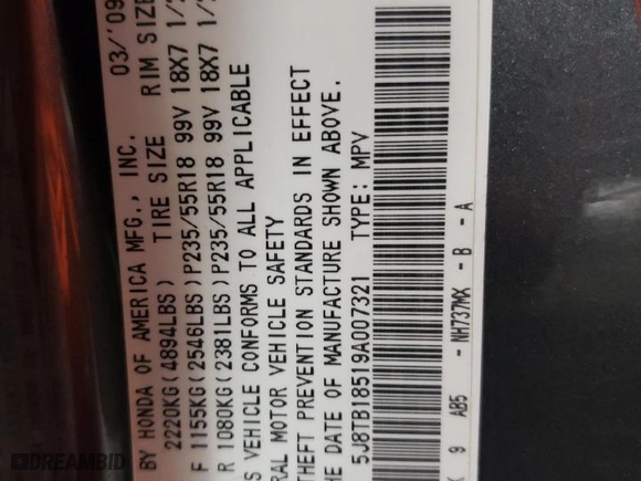 2009 Acura RDX Tech Pkg with VIN 5J8TB18519A007321, listed as a Copart auction lot 86712634 with 242,450 mi miles and Salvage Title. Bid and sale history available at carsss.com. Image 13.