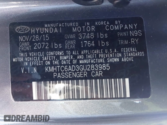 2016 Hyundai Veloster with VIN KMHTC6AD3GU283985, listed as a IAAI auction lot 41872103 with 153,949 mi miles. Bid and sale history available at carsss.com. Image 9.