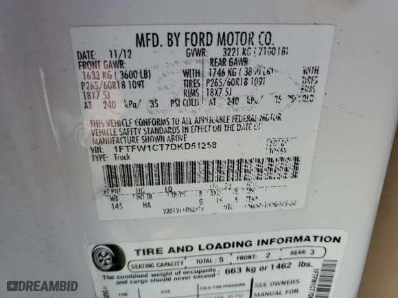 2013 Ford F-150 XL with VIN 1FTFW1CT7DKD51258, listed as a Copart auction lot 49178945 with 155,406 mi miles and Clean Title. Bid and sale history available at carsss.com. Image 12.
