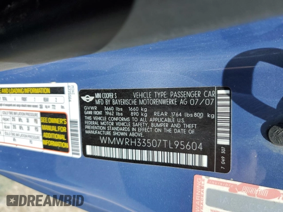 2007 MINI Convertible S z VIN WMWRH33507TL95604, wystawiony jako Copart lot #53272395 z przebiegiem 94 957 mil mil oraz Szkoda całkowita • Salvage title. Historia ofert i sprzedaży dostępna na DreamBid. Obrazek 15.