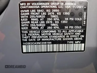 2022 Volkswagen Atlas SEL R-Line z VIN 1V2SE2CA3NC206184, wystawiony jako Copart lot #85261314 z przebiegiem 42 156 mil mil oraz Szkoda całkowita • Salvage title. Historia ofert i sprzedaży dostępna na DreamBid. Obrazek 13.
