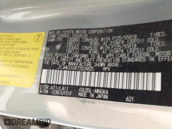 2007 Lexus RX 350 with VIN JTJHK31UX72024835, listed as a IAAI auction lot 42354340 with Not provided miles and . Bid and sale history available at DreamBid. Image 9.