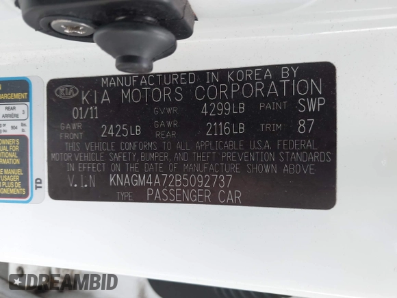 2011 Kia Optima LX z VIN KNAGM4A72B5092737, wystawiony jako IAAI lot #42321978 z przebiegiem 183 742 mil mil oraz . Historia ofert i sprzedaży dostępna na DreamBid. Obrazek 9.