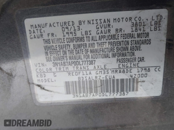 2013 Nissan Sentra SR with VIN 3N1AB7AP0DL777387, listed as a IAAI auction lot 42183359 with 206,726 mi miles and . Bid and sale history available at DreamBid. Image 9.