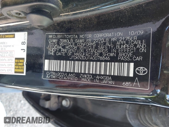 2010 Toyota Prius II with VIN JTDKN3DU1A0078846, listed as a IAAI auction lot 41303929 with 174,546 mi miles. Bid and sale history available at carsss.com. Image 9.