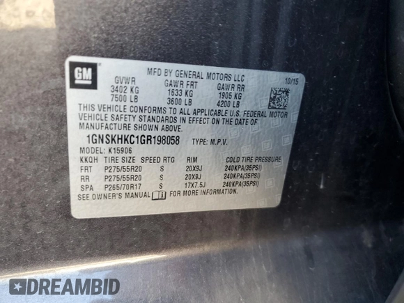 2016 Chevrolet Suburban LT z VIN 1GNSKHKC1GR198058, wystawiony jako Copart lot #56909335 z przebiegiem 150 907 mil mil oraz Szkoda całkowita • Salvage title. Historia ofert i sprzedaży dostępna na DreamBid. Obrazek 13.