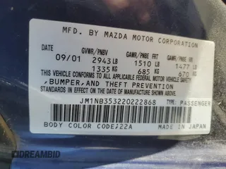 2002 Mazda MX-5 Miata Cloth z VIN JM1NB353220222868, wystawiony jako Copart lot #59944345 z przebiegiem 159 595 mil mil oraz Szkoda całkowita • Salvage title. Historia ofert i sprzedaży dostępna na DreamBid. Obrazek 12.