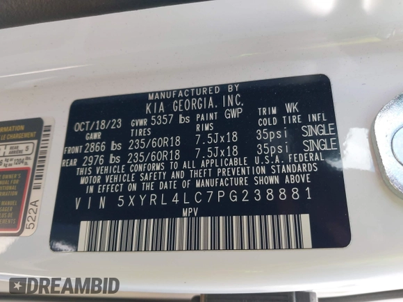 2023 Kia Sorento S with VIN 5XYRL4LC7PG238881, listed as a IAAI auction lot 41742716 with 7,094 mi miles and . Bid and sale history available at DreamBid. Image 9.