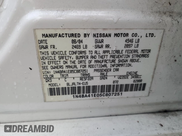 2005 Nissan Maxima 3.5 SL with VIN 1N4BA41E05C807251, listed as a Copart auction lot 72313334 with 239,497 mi miles and Salvage Title. Bid and sale history available at carsss.com. Image 13.