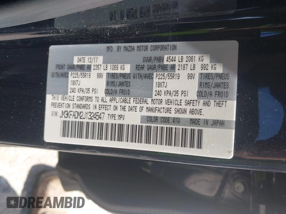 2018 Mazda CX-5 Grand Touring with VIN JM3KFADM2J1324547, listed as a IAAI auction lot 41947497 with 66,254 mi miles. Bid and sale history available at carsss.com. Image 9.