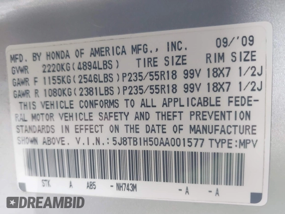 2010 Acura RDX Technology с VIN 5J8TB1H50AA001577, выставлен на аукционе IAAI как лот 42073942 с пробегом 165 508 миль миль и . История ставок и продаж доступна на DreamBid. Изображение 9.