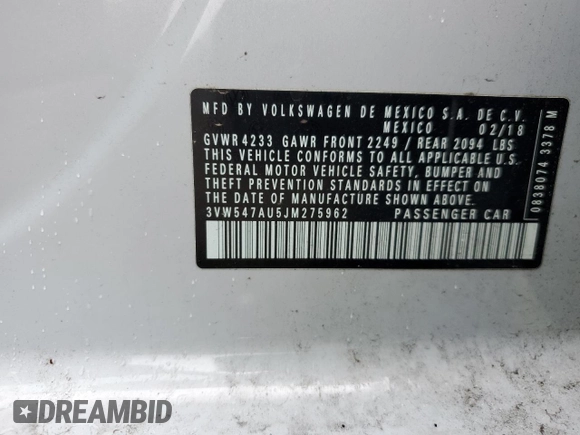2018 Volkswagen Golf GTI S with VIN 3VW547AU5JM275962, listed as a Copart auction lot 56423314 with 67,837 mi miles and Salvage Title. Bid and sale history available at carsss.com. Image 13.