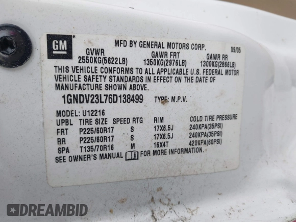 2006 Chevrolet Uplander LS Fleet with VIN 1GNDV23L76D138499, listed as a IAAI auction lot 41241378 with Not Provided miles. Bid and sale history available at carsss.com. Image 9.
