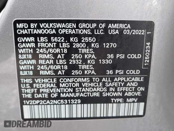 2022 Volkswagen Atlas SE with VIN 1V2DP2CA2NC531329, listed as a IAAI auction lot 42351869 with 38,315 mi miles and . Bid and sale history available at DreamBid. Image 9.
