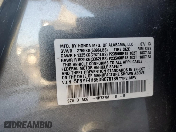 2013 Honda Pilot EX-L with VIN 5FNYF4H65DB076189, listed as a Copart auction lot 84248024 with 117,486 mi miles and Salvage Title. Bid and sale history available at carsss.com. Image 14.