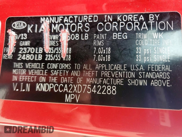 2013 Kia Sportage EX with VIN KNDPCCA2XD7542288, listed as a Copart auction lot 58819995 with 125,315 mi miles and Salvage title. Bid and sale history available at DreamBid. Image 14.