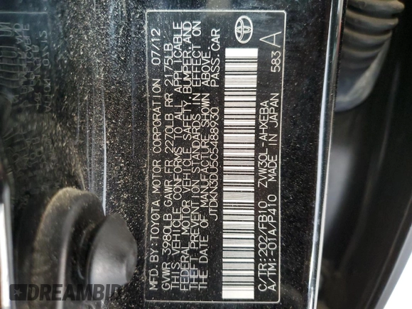 2012 Toyota Prius One with VIN JTDKN3DU5C5488930, listed as a Copart auction lot 54830995 with 163,413 mi miles and Non Repairable. Bid and sale history available at DreamBid. Image 12.