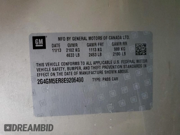 2014 Buick Regal Premium I с VIN 2G4GM5ER8E9206490, выставлен на аукционе Copart как лот 84679124 с пробегом 58 366 миль миль и Списание • Salvage title. История ставок и продаж доступна на DreamBid. Изображение 13.