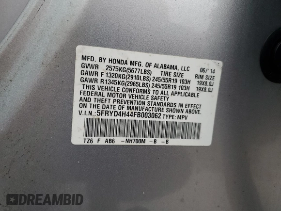 2015 Acura MDX Tech Pkg with VIN 5FRYD4H44FB003062, listed as a Copart auction lot 44702035 with 0 mi miles and Salvage Title. Bid and sale history available at carsss.com. Image 13.