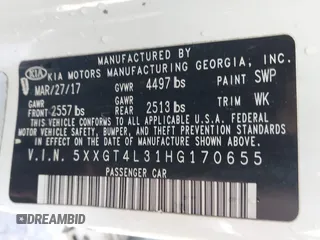 2017 Kia Optima LX with VIN 5XXGT4L31HG170655, listed as a IAAI auction lot 41850725 with 113,619 mi miles. Bid and sale history available at carsss.com. Image 9.