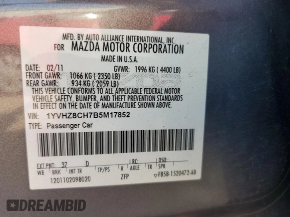 2011 Mazda 6 i Grand Touring with VIN 1YVHZ8CH7B5M17852, listed as a Copart auction lot 60505855 with 226,933 mi miles and Clean title. Bid and sale history available at DreamBid. Image 12.