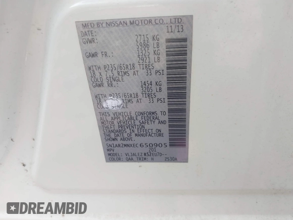 2014 Nissan Pathfinder SL с VIN 5N1AR2MNXEC650905, выставлен на аукционе IAAI как лот 41405085 с пробегом 140 012 миль миль и . История ставок и продаж доступна на DreamBid. Изображение 9.
