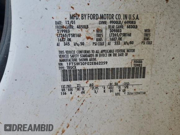 2002 Ford F-350 XL with VIN 1FTSW30F02EB62259, listed as a Copart auction lot 44232015 with 507,871 mi miles and Salvage Title. Bid and sale history available at DreamBid. Image 12.