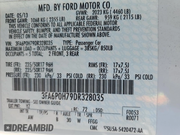 2013 Ford Fusion SE with VIN 3FA6P0H79DR328035, listed as a Copart auction lot 53277935 with 151,950 mi miles and Salvage title. Bid and sale history available at DreamBid. Image 15.