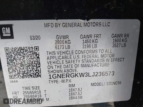 2020 Chevrolet Traverse LT Cloth with VIN 1GNERGKW3LJ236573, listed as a IAAI auction lot 42532157 with 75,587 mi miles and . Bid and sale history available at DreamBid. Image 9.