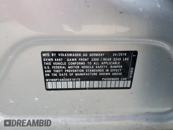 2016 Volkswagen CC Sport with VIN WVWBP7AN3GE518172, listed as a Copart auction lot 44223205 with 79,314 mi miles and Salvage Title. Bid and sale history available at carsss.com. Image 12.