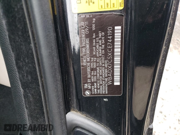 2012 BMW 3 Series 335i with VIN WBADX7C5XCE744190, listed as a Copart auction lot 63581925 with 103,834 mi miles and Clean title. Bid and sale history available at DreamBid. Image 12.