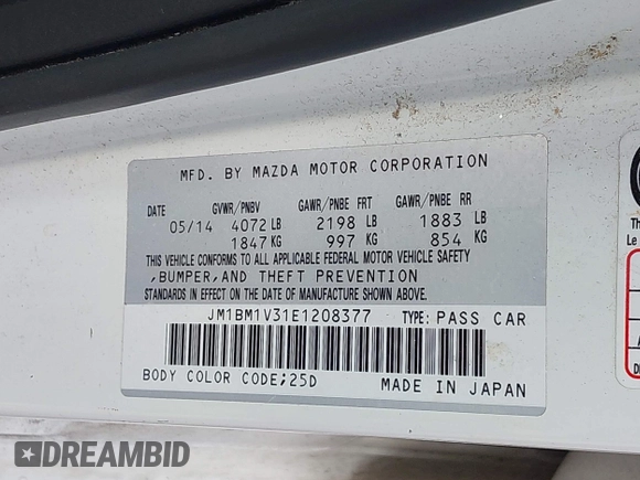 2014 Mazda 3 S Touring with VIN JM1BM1V31E1208377, listed as a IAAI auction lot 42388524 with 122,124 mi miles and . Bid and sale history available at DreamBid. Image 9.