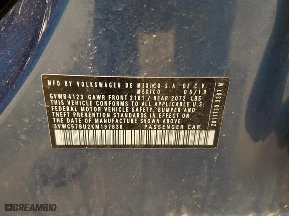 2019 Volkswagen Jetta S with VIN 3VWC57BU2KM197838, listed as a Copart auction lot 48949225 with 52,771 mi miles and Salvage Title. Bid and sale history available at carsss.com. Image 13.