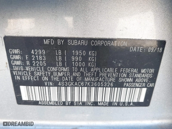 2019 Subaru Impreza Premium with VIN 4S3GKAC67K3605326, listed as a IAAI auction lot 41883752 with 52,891 mi miles. Bid and sale history available at carsss.com. Image 9.