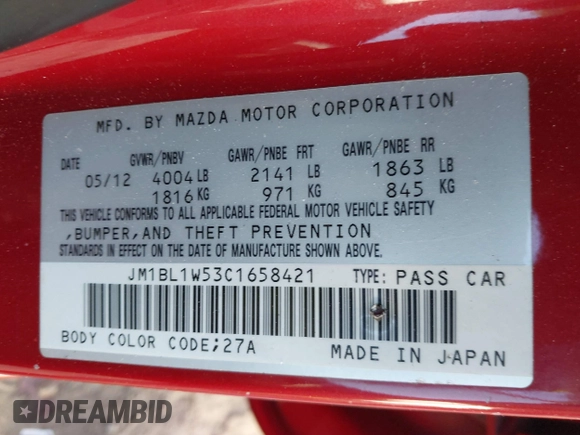 2012 Mazda 3 S Grand Touring with VIN JM1BL1W53C1658421, listed as a IAAI auction lot 41294572 with 100,875 mi miles and . Bid and sale history available at DreamBid. Image 9.