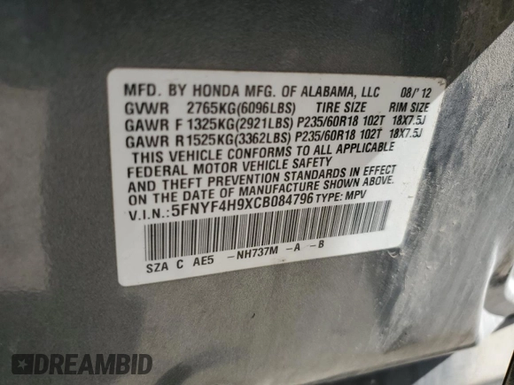 2012 Honda Pilot Touring with VIN 5FNYF4H9XCB084796, listed as a Copart auction lot 49319735 with 184,639 mi miles and Salvage Title. Bid and sale history available at DreamBid. Image 13.