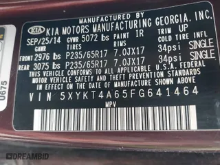 2015 Kia Sorento LX with VIN 5XYKT4A65FG641464, listed as a IAAI auction lot 41759770 with 50,628 mi miles. Bid and sale history available at carsss.com. Image 9.