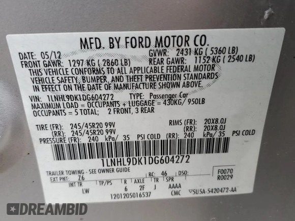 2013 Lincoln MKS with VIN 1LNHL9DK1DG604272, listed as a Copart auction lot 52880255 with 132,768 mi miles and Clean title. Bid and sale history available at DreamBid. Image 12.