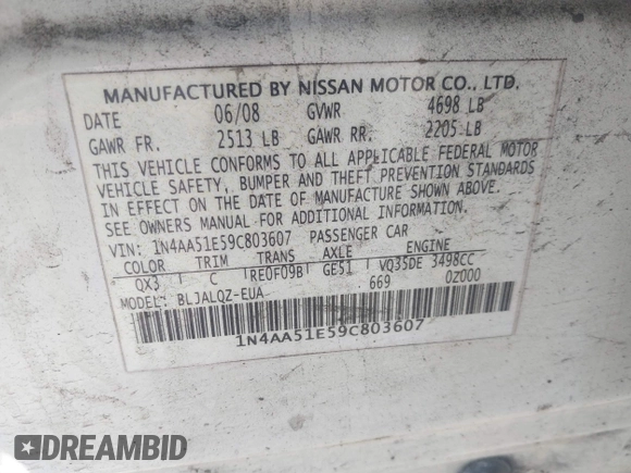 2009 Nissan Maxima SV с VIN 1N4AA51E59C803607, выставлен на аукционе IAAI как лот 41746575 с пробегом 219 367 миль миль и . История ставок и продаж доступна на DreamBid. Изображение 9.