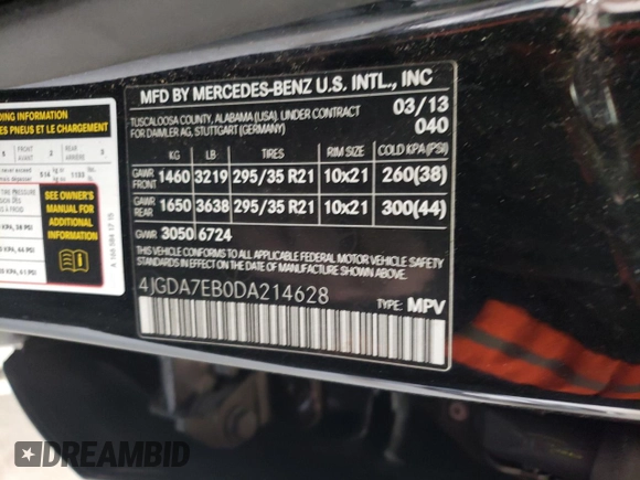 2013 Mercedes-Benz M ML 63 AMG with VIN 4JGDA7EB0DA214628, listed as a Copart auction lot 46523665 with 100,158 mi miles and Salvage Title. Bid and sale history available at carsss.com. Image 13.