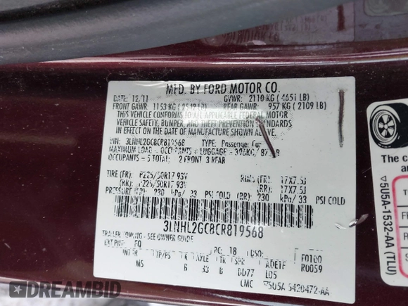 2012 Lincoln MKZ with VIN 3LNHL2GC8CR819568, listed as a IAAI auction lot 41377525 with 116,225 mi miles. Bid and sale history available at carsss.com. Image 9.