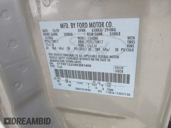 2008 Ford F-150 XL with VIN 1FTRF122X8KB81408, listed as a IAAI auction lot 42831899 with 182,505 mi miles and . Bid and sale history available at DreamBid. Image 9.