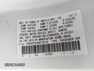 2013 Honda Accord Sdn EX-L with VIN 1HGCR2F83DA275519, listed as a IAAI auction lot 41691149 with 156,334 mi miles. Bid and sale history available at carsss.com. Image 9.