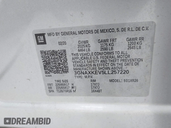 2020 Chevrolet Equinox LT with VIN 3GNAXKEV5LL257220, listed as a IAAI auction lot 40481603 with 51,967 mi miles. Bid and sale history available at carsss.com. Image 9.