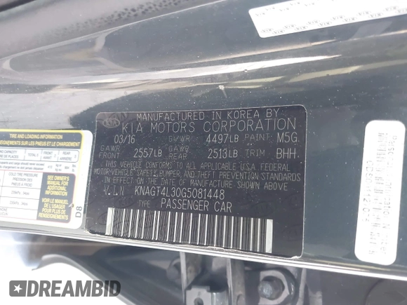 2016 Kia Optima LX with VIN KNAGT4L30G5081448, listed as a IAAI auction lot 41887881 with 95,214 mi miles. Bid and sale history available at carsss.com. Image 9.