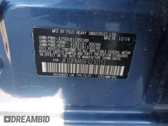 2015 Subaru Impreza 2.0i z VIN JF1GPAA66FG230151, wystawiony jako Copart lot #78279034 z przebiegiem 126 540 mil mil oraz Szkoda całkowita • Salvage title. Historia ofert i sprzedaży dostępna na DreamBid. Obrazek 12.